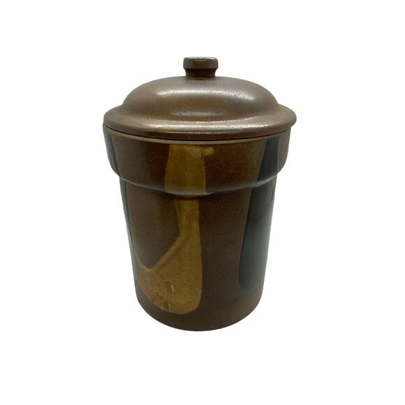 Pottery Craft Canister With Lid Brown Black Gold Cylindrical Shape Vintage Retro - Picture 3 of 12